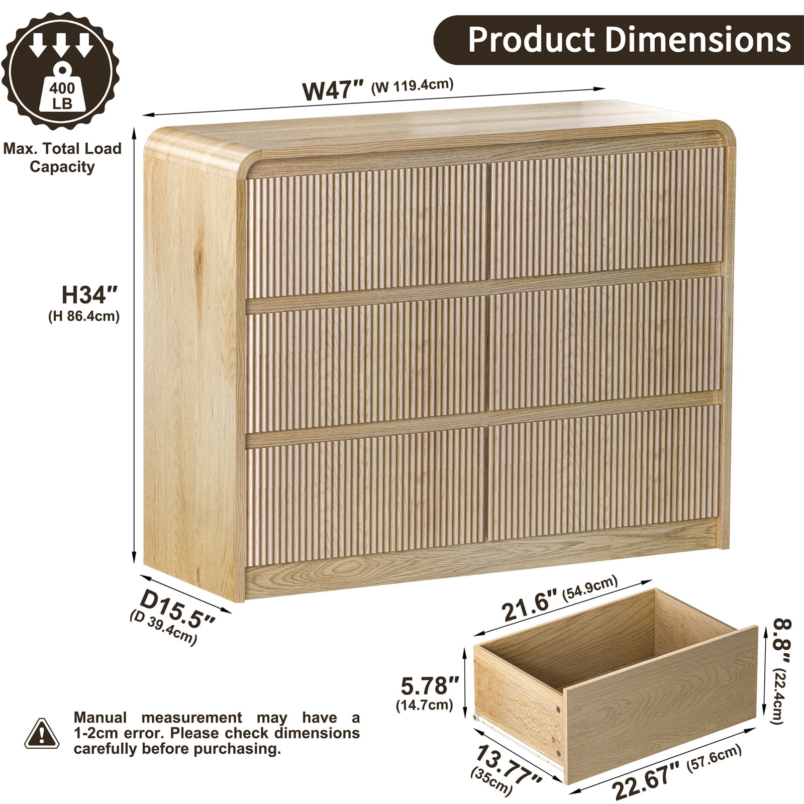 Hommoo 6-Drawer Wood Dresser with Fluted Panels, Wide Storage Chest for Bedroom, Living Room & Hallway, Smooth Glide Silent Slides & Rounded Safety Edges, Natural