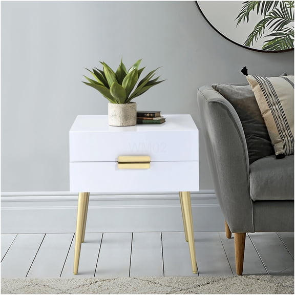 White and Gold Side Table with 2 Drawers, Small Nightstand with Storage for Bedroom, Living Room, Modern End Table with Gold Metal Legs