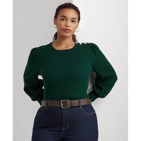 Lauren Ralph Lauren Plus Size Crewneck Puff-Sleeve Sweater, Season Green, 2X