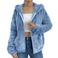 thumbnail image 3 of XPMWRP Womens Fleece Winter Coat Hooded Drawstring Zip Up Jackets Loose Thermal Lightweight Sherpa Outer with Pockets Blue M, 3 of 9