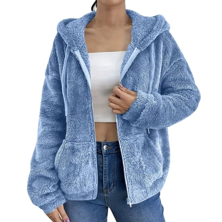 Arnsht Women s Fuzzy Outerwear Jacket Soft Oversized Jackets Solid Color Long Sleeved Hooded Zip up Hoodie Warm Sweatshirt with Pockets Blue XXL