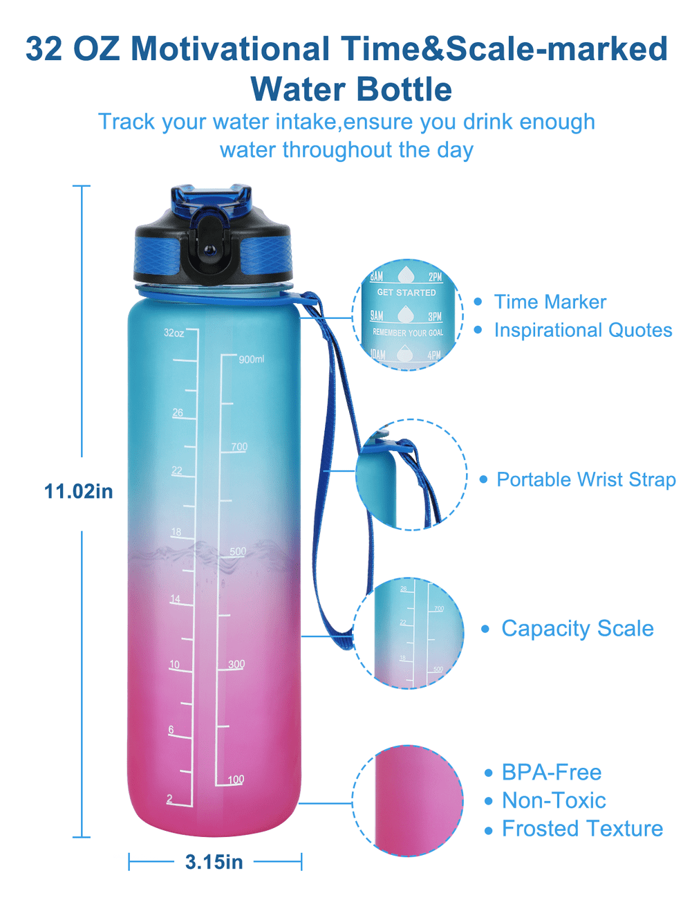 Sutowe Motivational Water Bottle 32oz/1L with Time Marker & Removable Strainer to Remind You Drink More Water Leakproof BPA Free Wide Mouth Sport