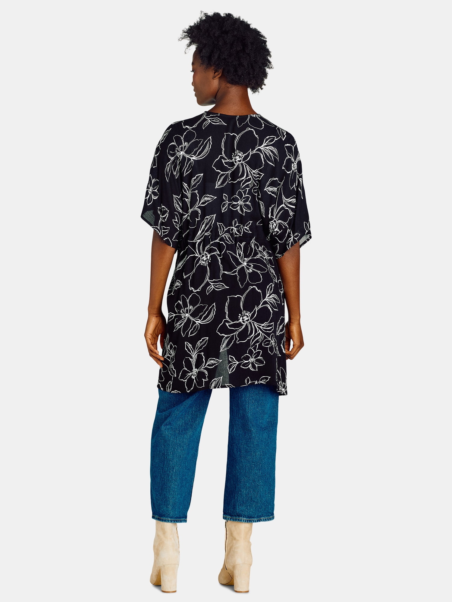 Time and Tru Women's Rayon Ruched Tie Front Print, S/M, Black Soot Floral