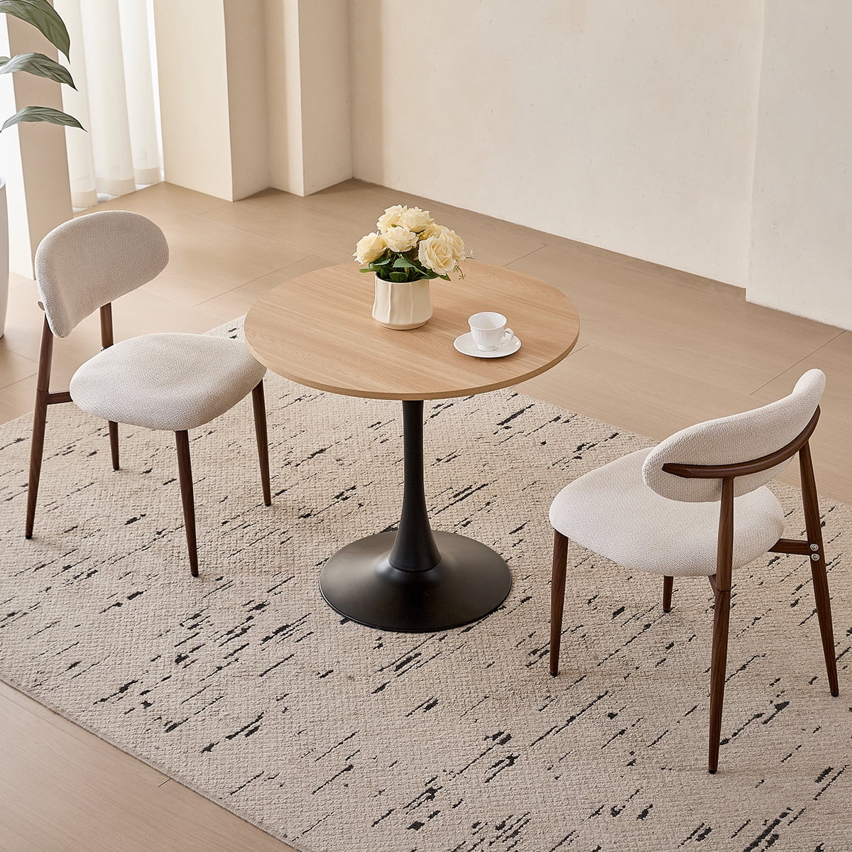 31.5" Round Dining Table for 2-4 Modern Circle Tulip Table with Metal Black Tulip Pedestal Base for Kitchen Dining Living Room Apartment Small Space Cafe, Natural