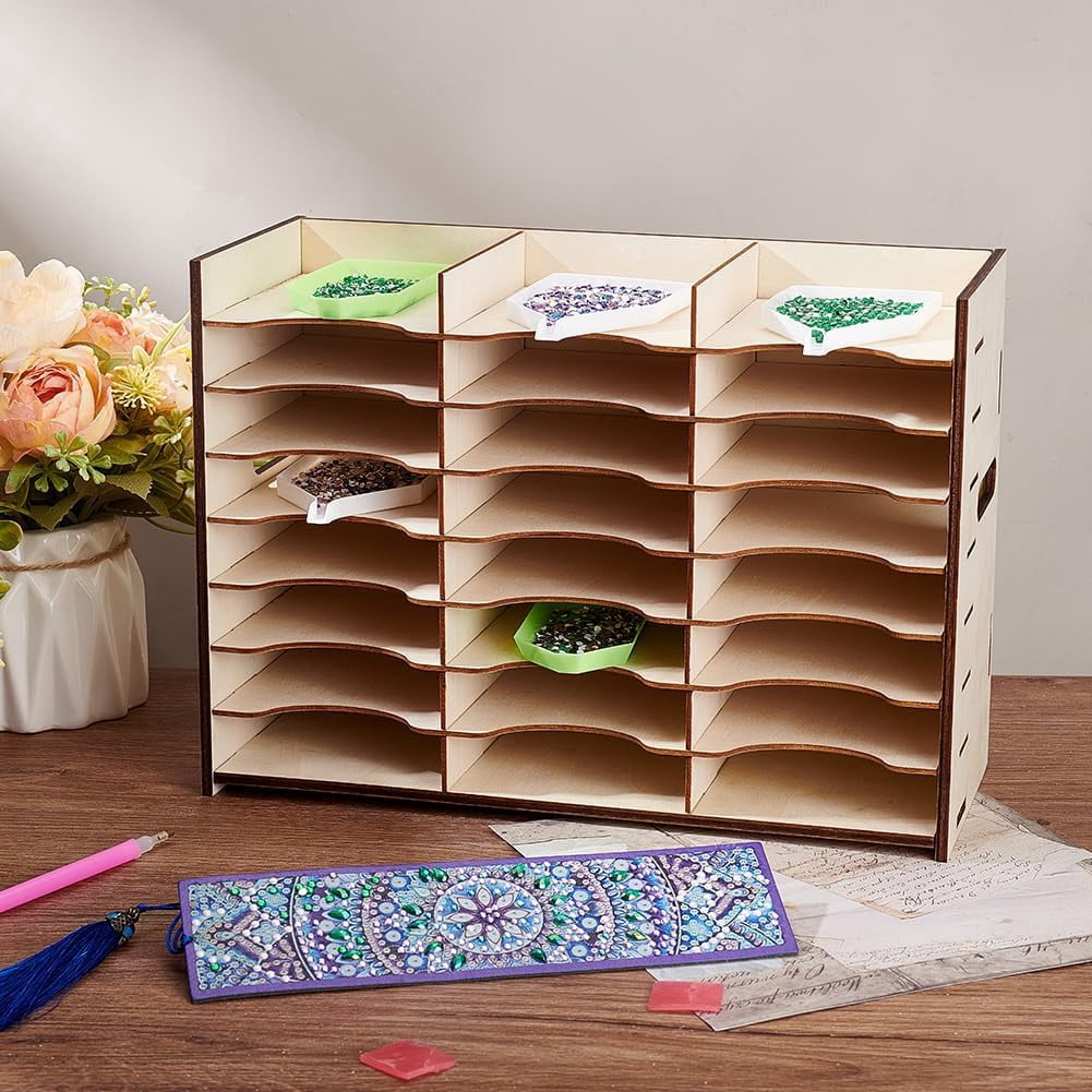 1Set Wooden Rhinestone Trays Storage Box for DIY Diamond Painting Tools Holder Rectangle Floral White Fihished Product: 295x212x122mm