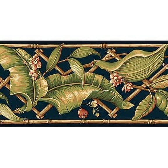 879243 Evening Tropics Lattice Leaves Wallpaper Border Blue GE57115b