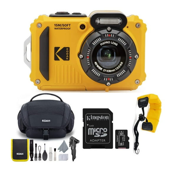Kodak PIXPRO WPZ2 Rugged Waterproof 16MP Digital Camera with 4X Optical Zoom with Koah Nostrand Gadget Bag with Accessory Kit 32GB UHS-I microSDHC and Floating Strap Bundle (4 Items) Yellow