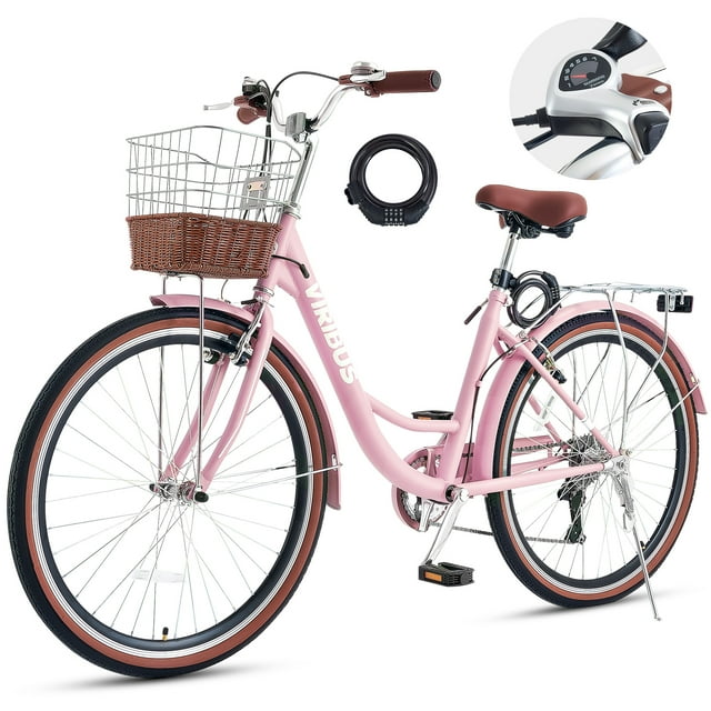 VIRIBUS 24" Women's Cruiser Bike 7 Speed Beach & City Bicycle with Basket Rack Pink