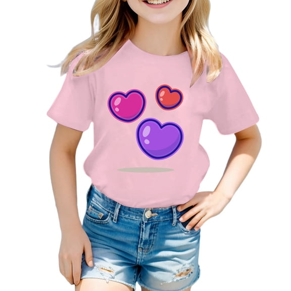 YUEHUA Sch ool Clothes for Girls Summer Girls' Children Crew Neck Short Sleeved Heart Patterned Casual Loose Fitting Short Sleeved T Shirt Top, Size 8-9 Years