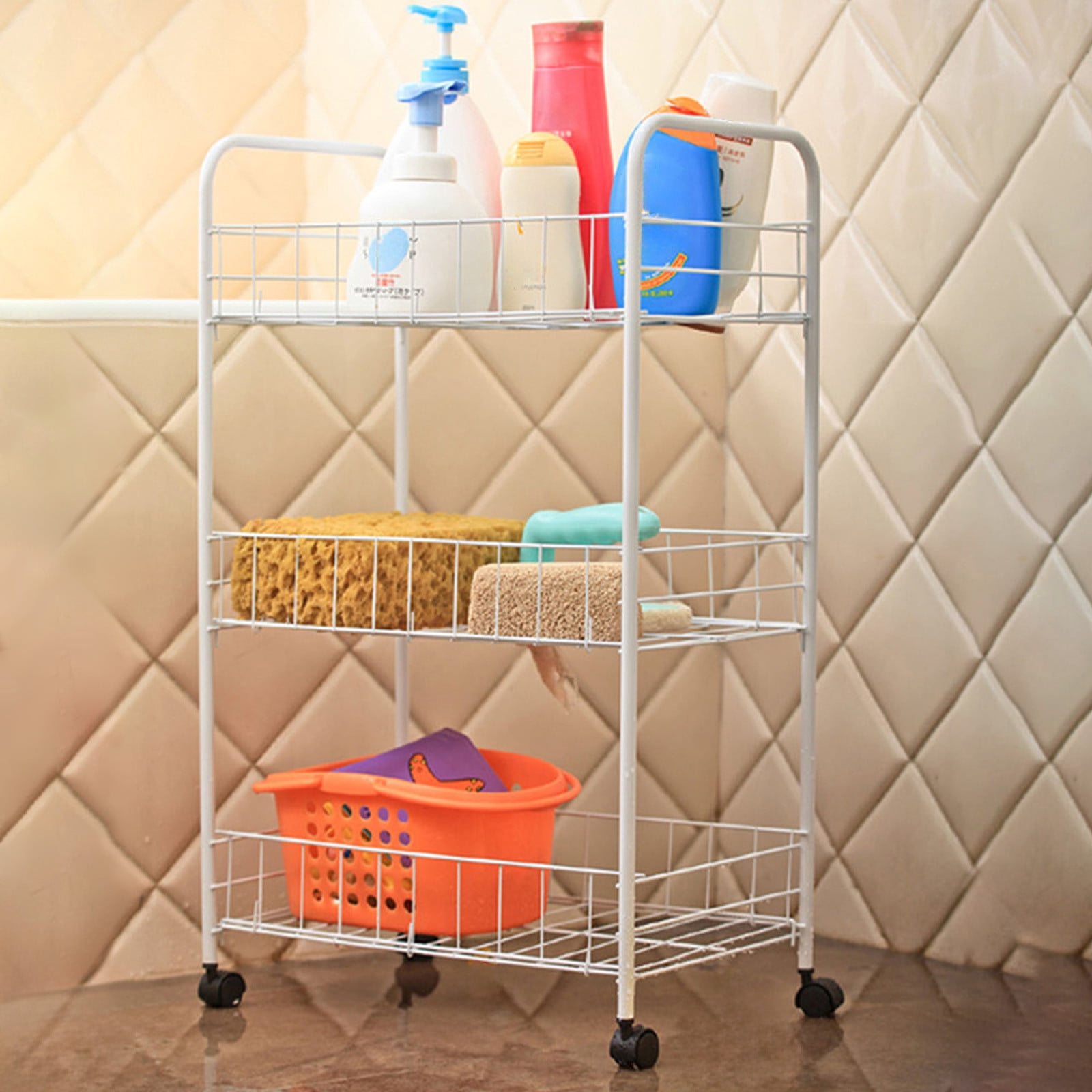 White Metal Three-tier Cart for Household Kitchen Spices Fruit Vegetables Compartmentalized Storage, 24.8x14.17x9.45in Iron Storage Basket with Removable Shelves and 360 Swivel Wheels