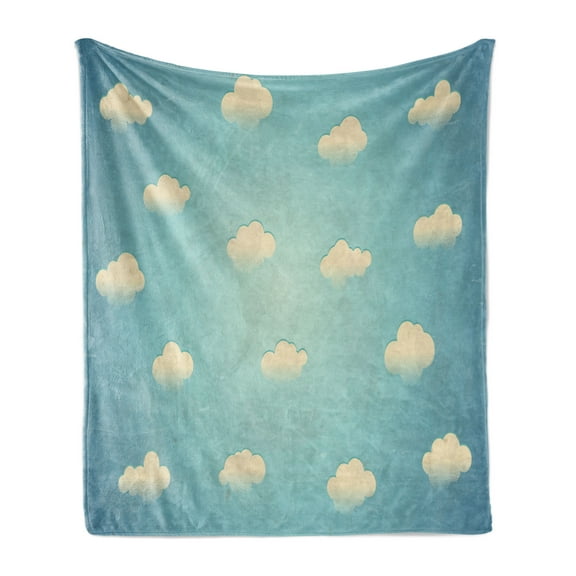 Cloud Soft Flannel Fleece Throw Blanket, Vintage Cloud Cumulus Pattern Weather Worn out Old Looking Illustration, Cozy Plush for Indoor and Outdoor Use, 60" x 80", Ivory and Pale Blue, by Ambesonne