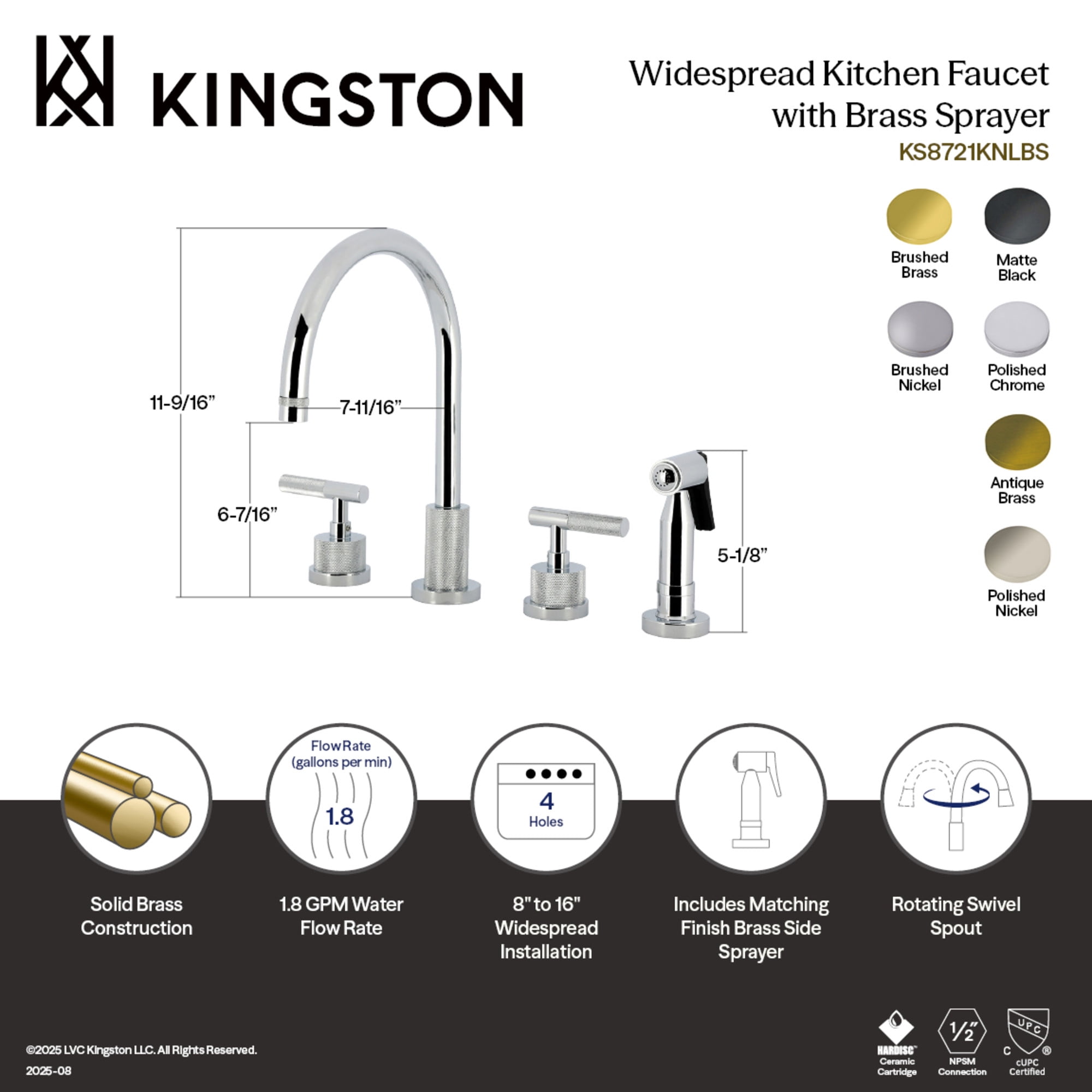Kingston Brass KS8723KNLBS Convergent Double-Handle 4-Hole Widespread Kitchen Faucet with Knurled Handle 4-Hole and Brass Sprayer in Antique Brass