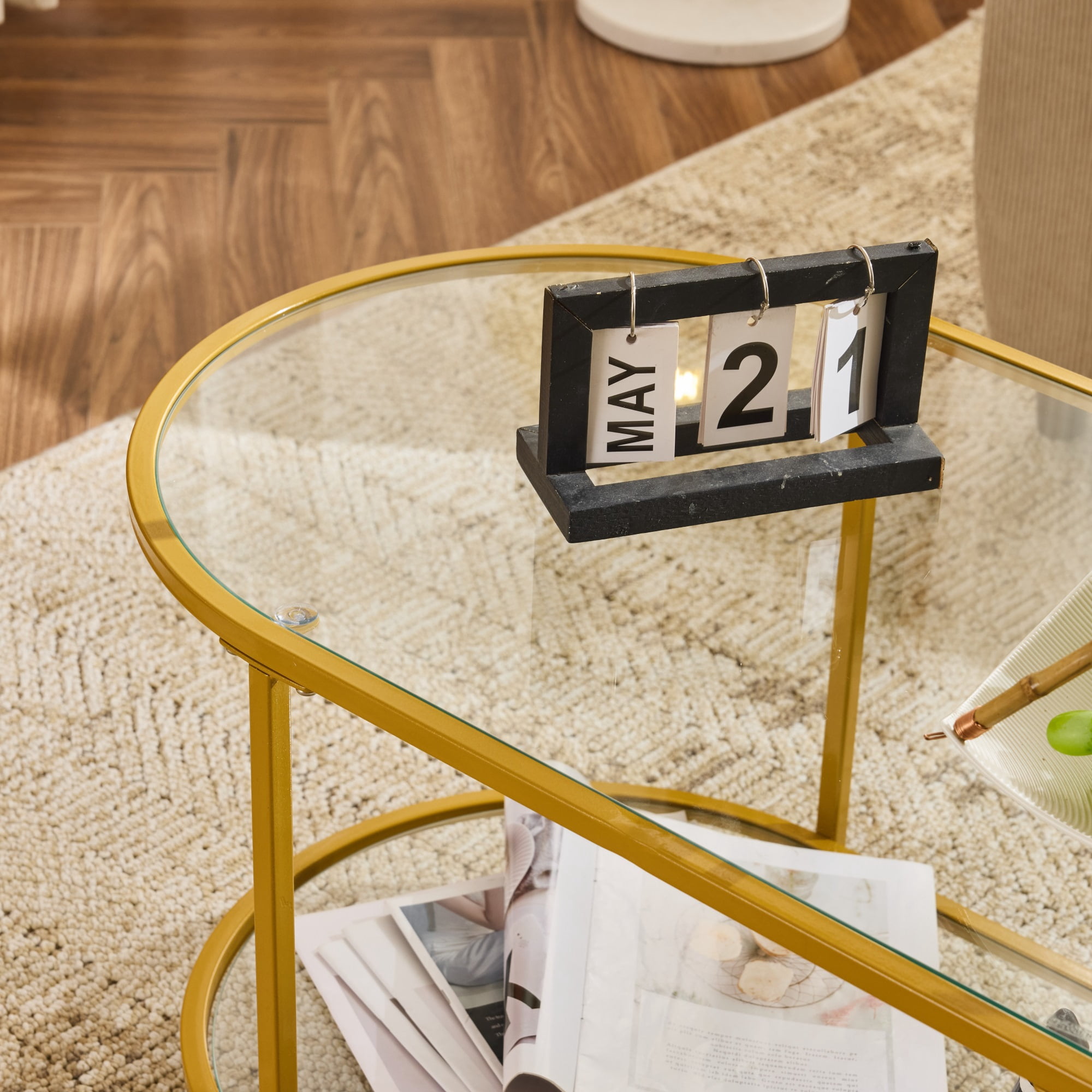 Ktaxon Rustic Coffee Table, Transparent Glass 2-Tier Oval Vintage Minimalist Design Center Table Rust Resistant Narrow Table for Living Room, Gold