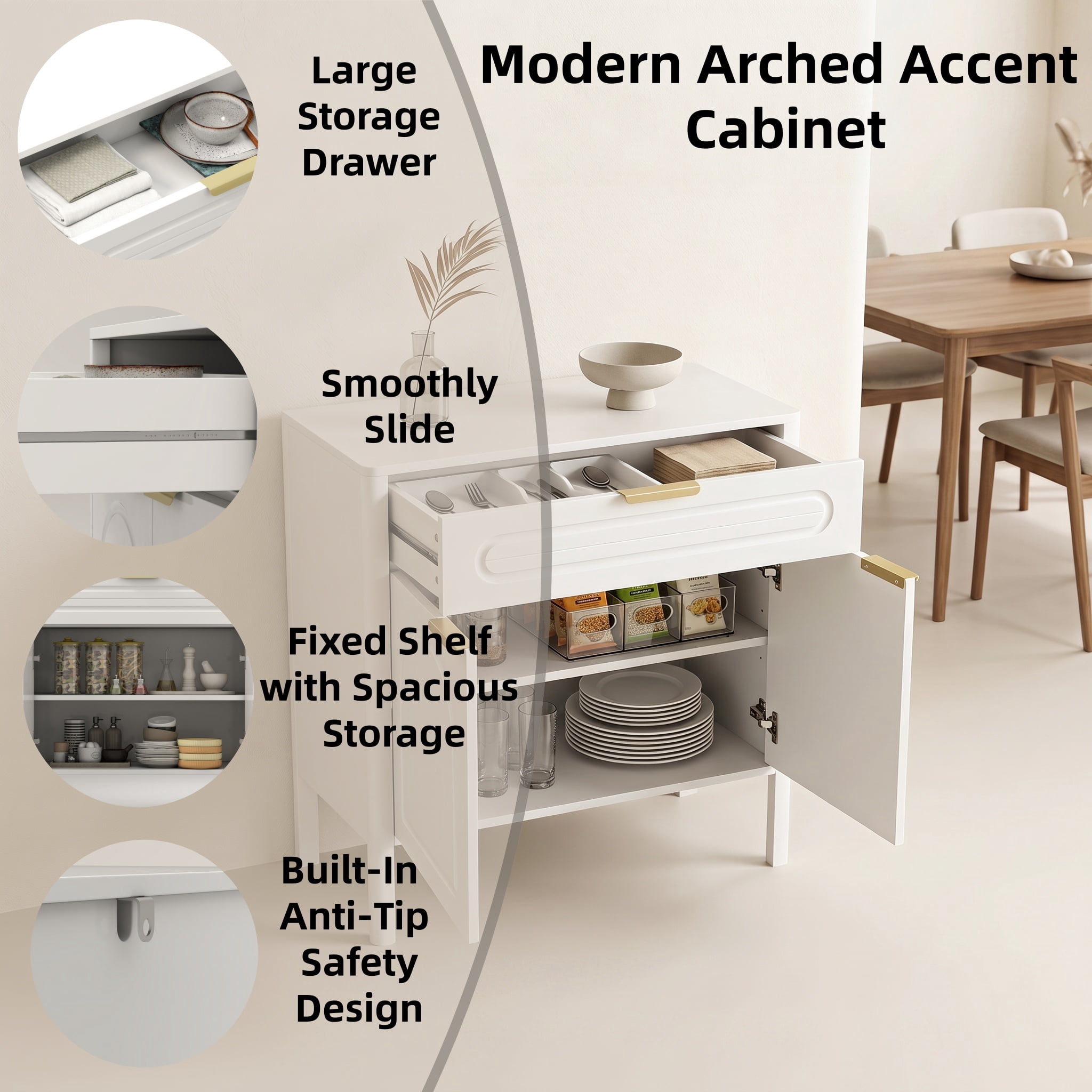 GARITIN Arched Accent Storage Cabinet 29.5 Inch, Freestanding Sideboard Buffet with Drawer and Gold Metal Handles for Entryway Living Room, White