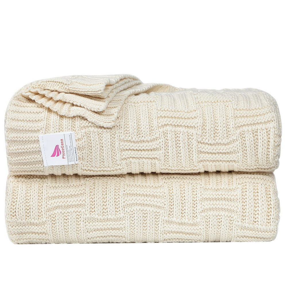 Soft 100 Cotton Knitted Throw Blanket for Couch Home Office Hotel Blanket Beige 47"x70