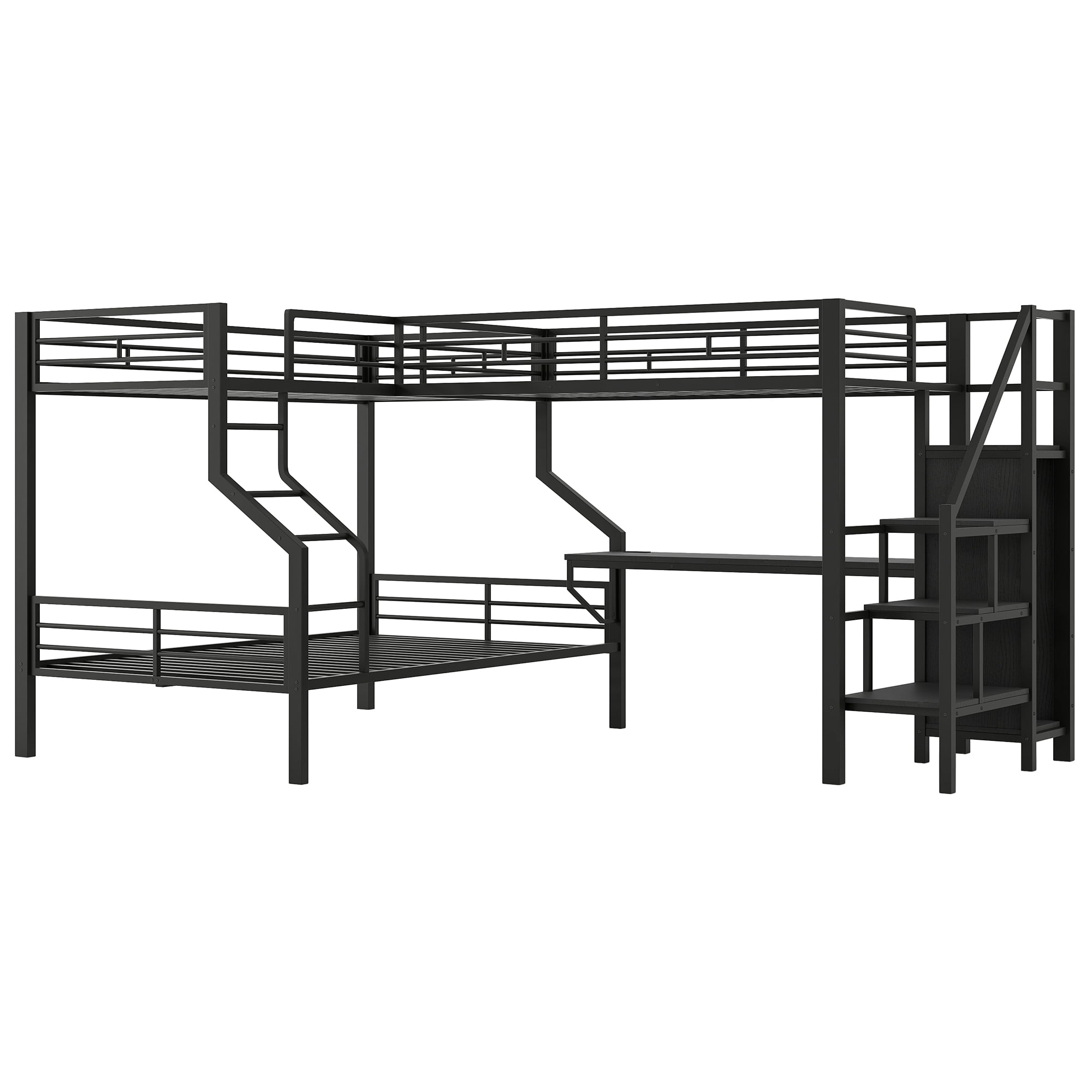 EUROCO Metal L Shaped Twin over Full Bunk Bed and Twin Gaming Loft Bed with Desk, Functional Storage Bed with Wardrobe and USB Ports, Black