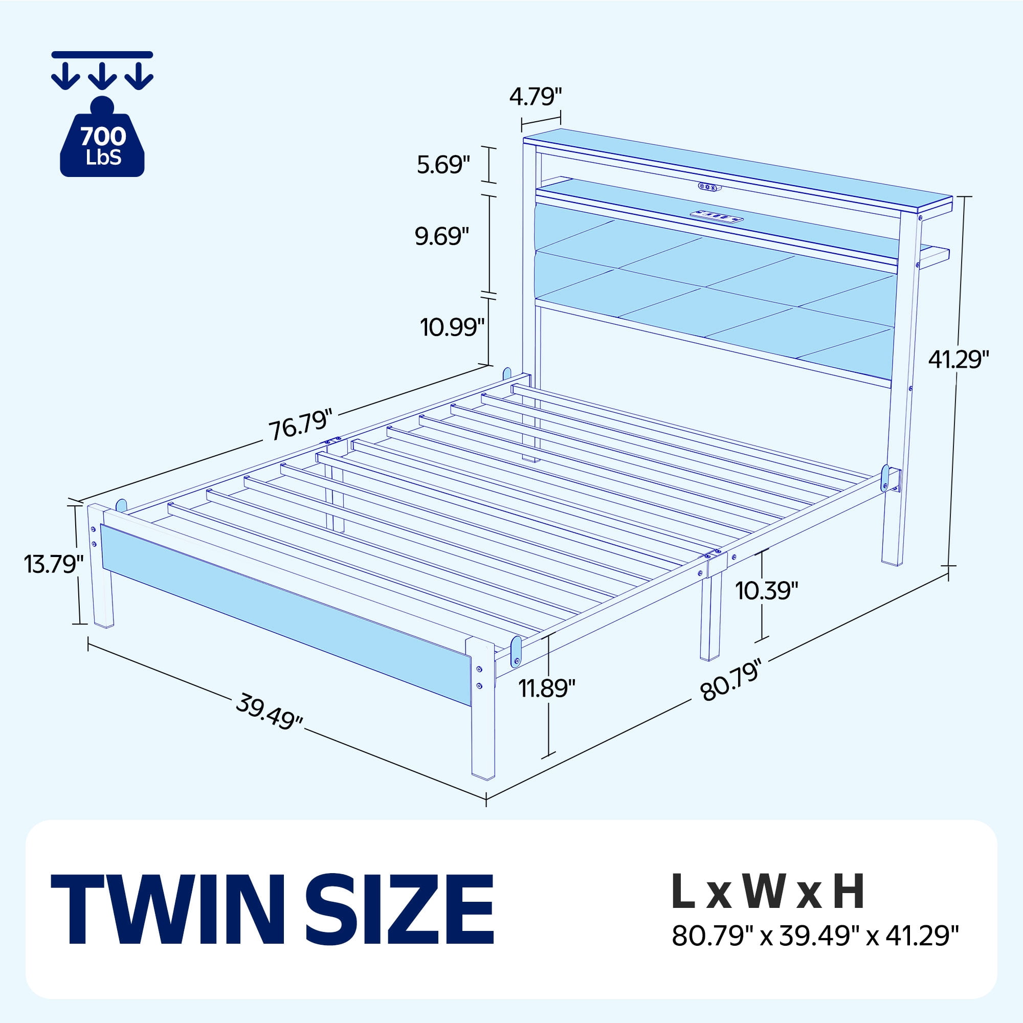 Greenstell Twin LED Bed Frame with Headboard Storage - Charging Station, Dark Gray