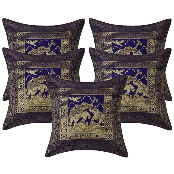 Stylo Culture Indian Couch Throw Pillow Covers 16 x 16 Jacquard Purple Square 40x40 cm Home Decor Brocade Elephant Floral Zippered Cushion Covers | Set Of 5