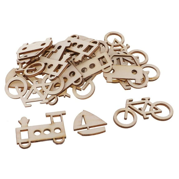 50 Pieces Natural Blank Wood Bike Ship Car Train Plane Wooden Shapes Plaque Embellishment Tags for Kids Handmade DIY Craft 60x30mm