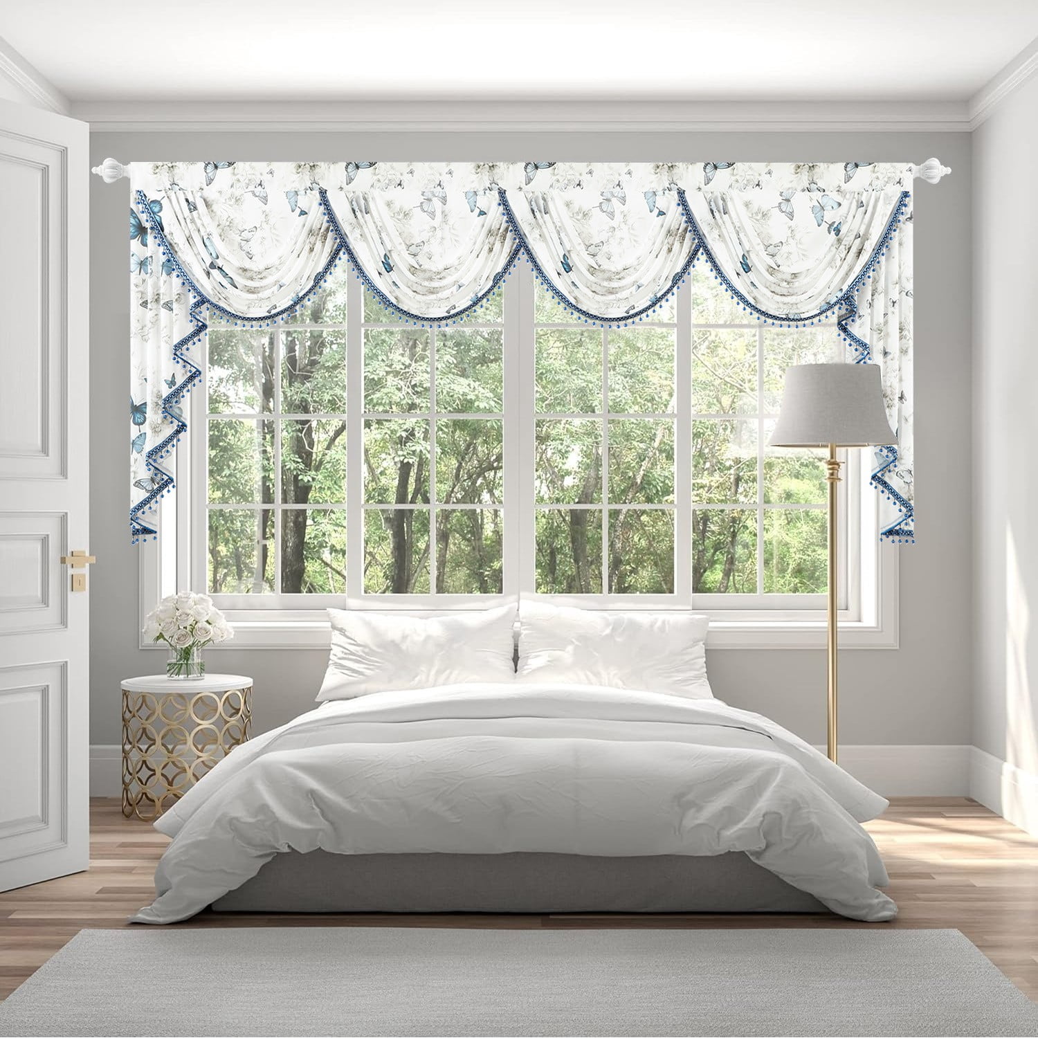 VOGOL Blue Butterflies Valance, Waterfall Swag Drapes with Bead Tassels for Bedroom Decor, 110x43 Inches