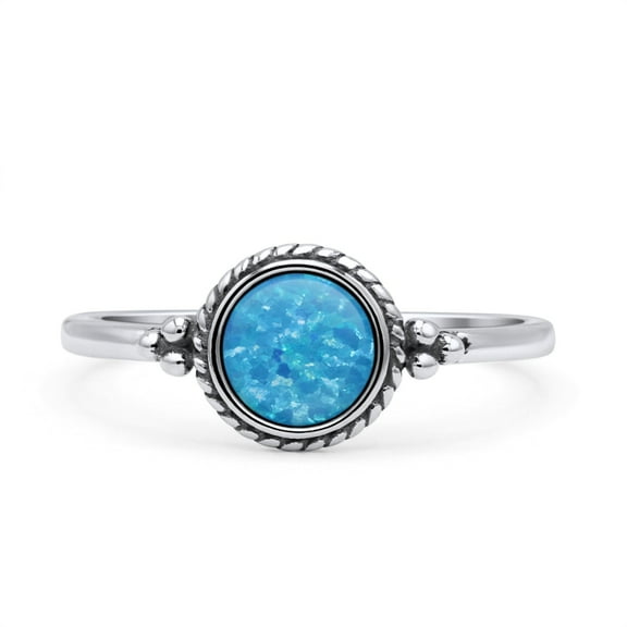 Round Petite Dainty Oxidized Ring Lab Created Blue Opal 925 Sterling Silver Size 4