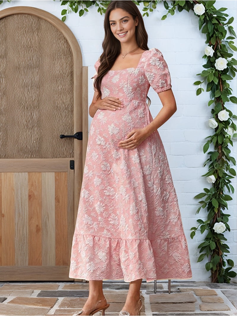 maternity maxi dresses for summer Women Maternity Maxi Dress Square Neck Jacquard Puff Sleeve Elegant French  Summer Slim Fit Dress Cream White XXL