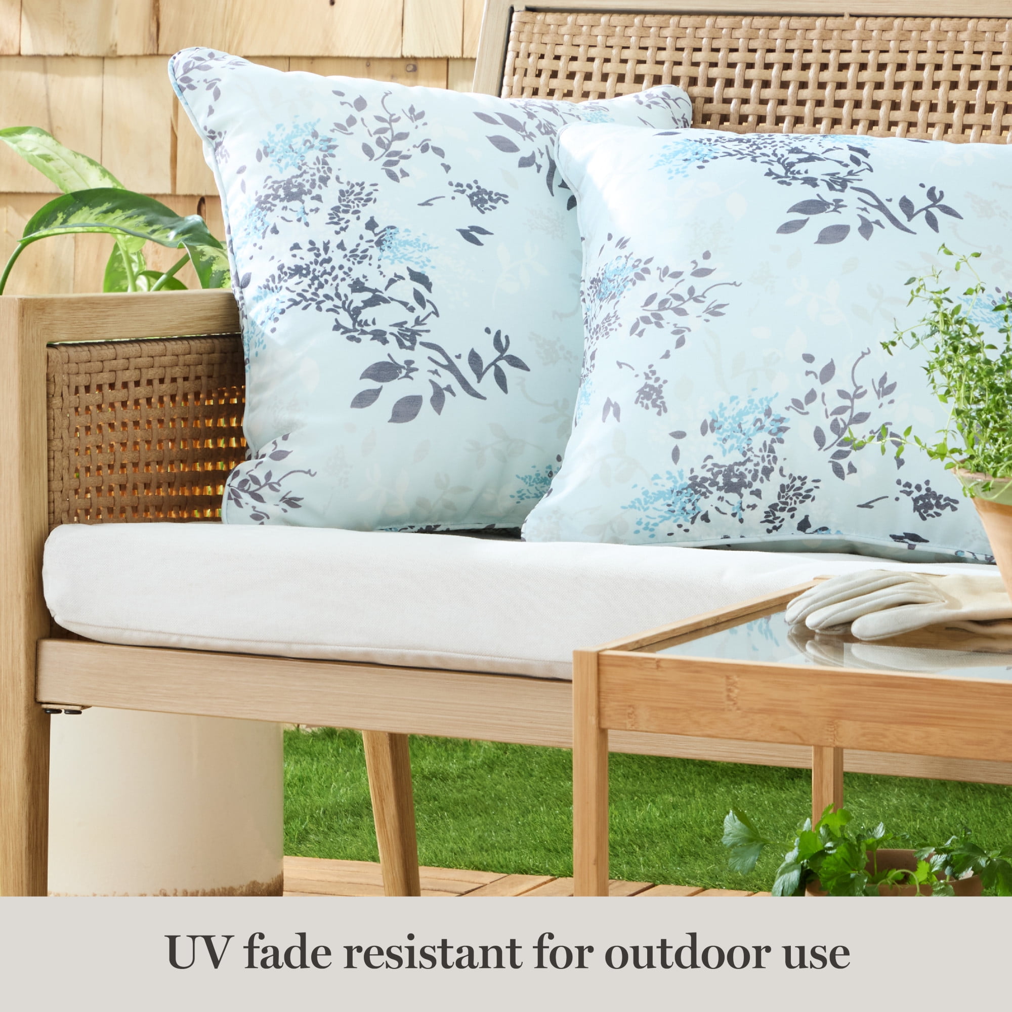 MARTHA STEWART Charming Foliage Indoor Outdoor Decorative Pillow 2-Pack Set, UV Fade Resistant, Water Repellent, Printed Floral Design, Aqua Blue, 18"x18"