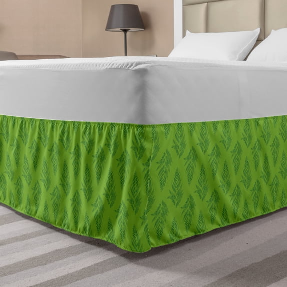 Fern Bed Skirt, Botanic Composition in Green Shades Leaves of Hawaiian Jungles Summer Flora, Elastic Bedskirt Dust Ruffle Wrap Around for Bedding Decor, 4 Sizes, Green Apple Green, by Ambesonne