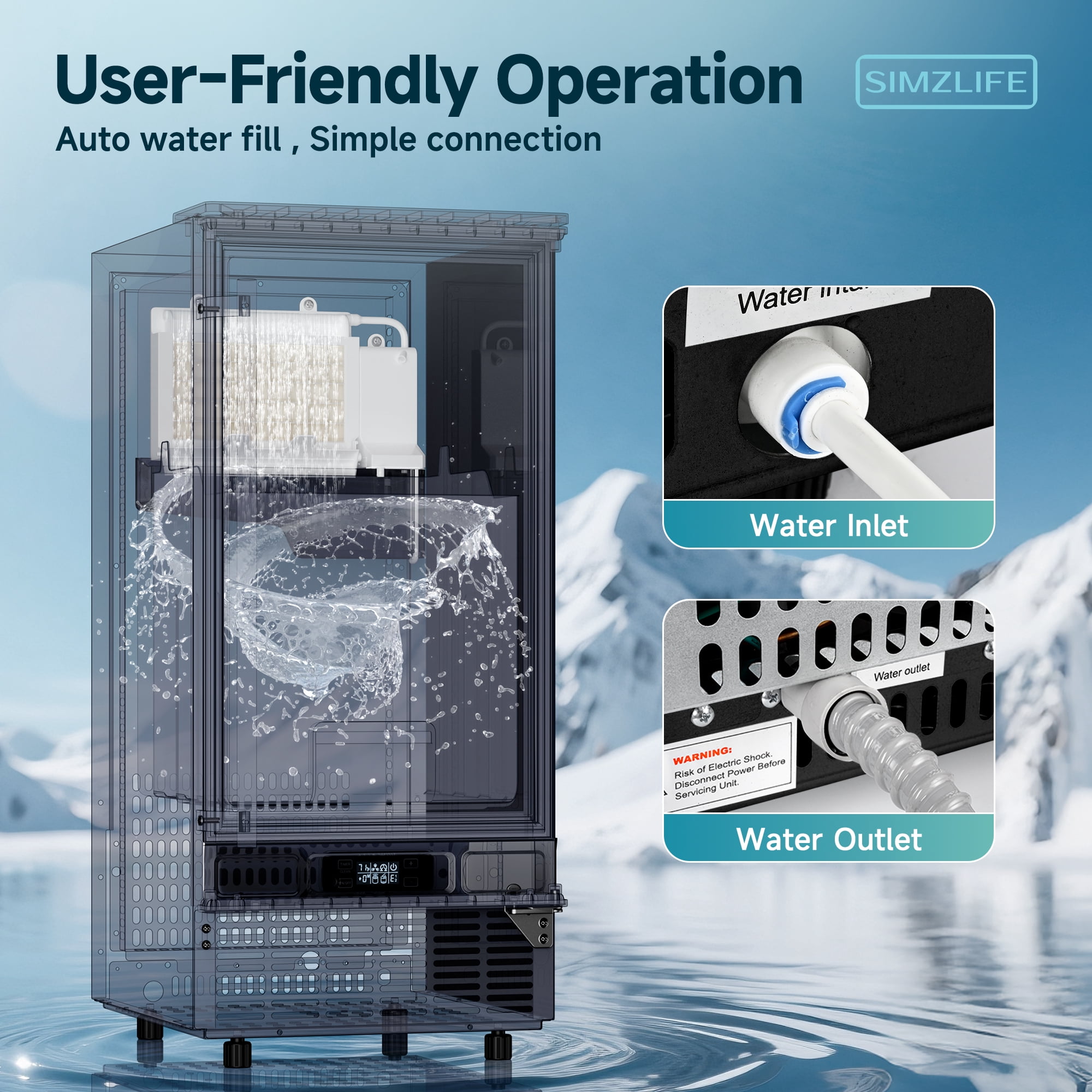 SIMZLIFE Built-in Ice Maker 80Lbs/24H, Under Counter or Freestanding, Self-Cleaning, Kitchen & Bar, Black