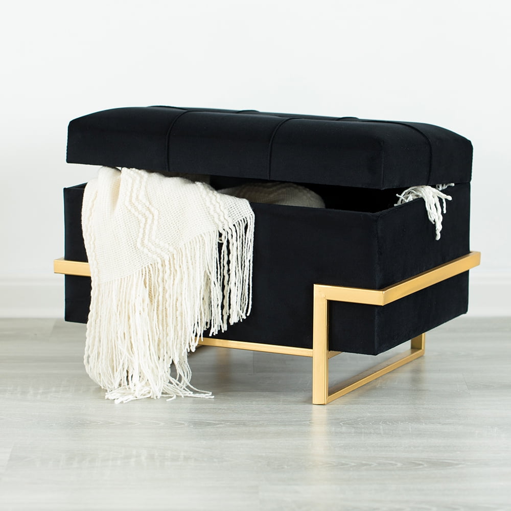 Rectangular Velvet Storage Ottoman with Gold Legs, Black - Walmart.com