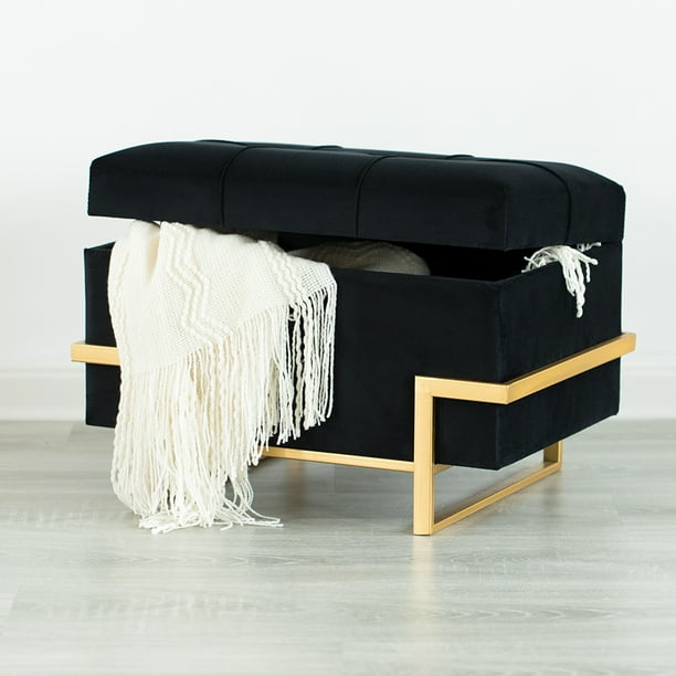 Rectangular Velvet Storage Ottoman with Gold Legs, Black