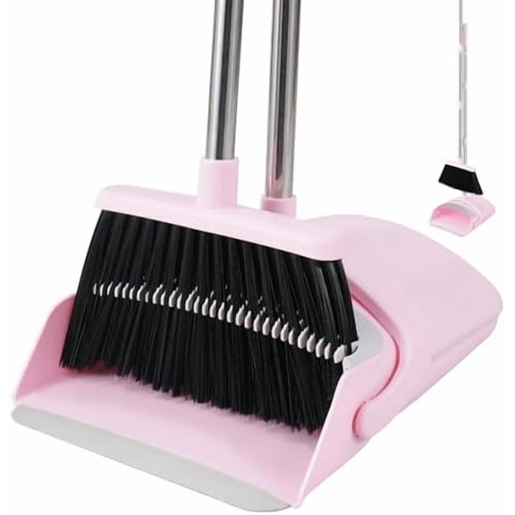 Pink Broom and Dustpan Set, 52” Long Adjustable Handle Broom with Dustpan Combo Set with Dust Pan Teeth to Clean Hair for Home Lobby Office