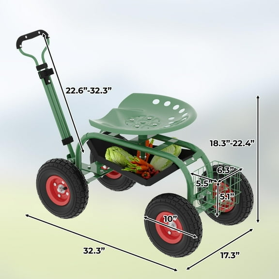 Yeshouse Heavy-Duty Rolling Garden Cart with Swivel Seat & Tool Tray – Ergonomic 360° Mobile Gardening Stool for Planting, Weeding