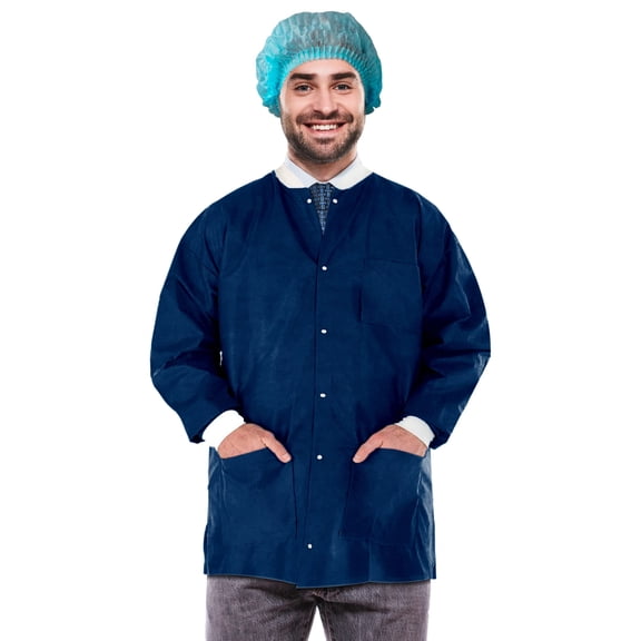 Disposable Lab Jackets SMS 50 GSM True Blue 100 count Small 29 in Long with Snap Front and Pockets