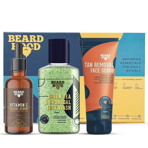 BEARDHOOD Face Care Kit (Vitamin C Serum, Green Tea Face Wash & Tan Removal Scrub), Gift Box Pack Of 3