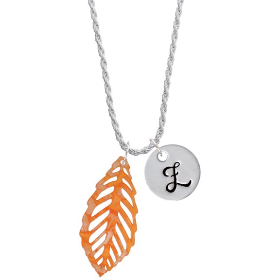 Delight Jewelry Acrylic Large Leaf Pearly Orange Silvertone Script Initial Disc - Z - Charm Necklace, 20"+3"