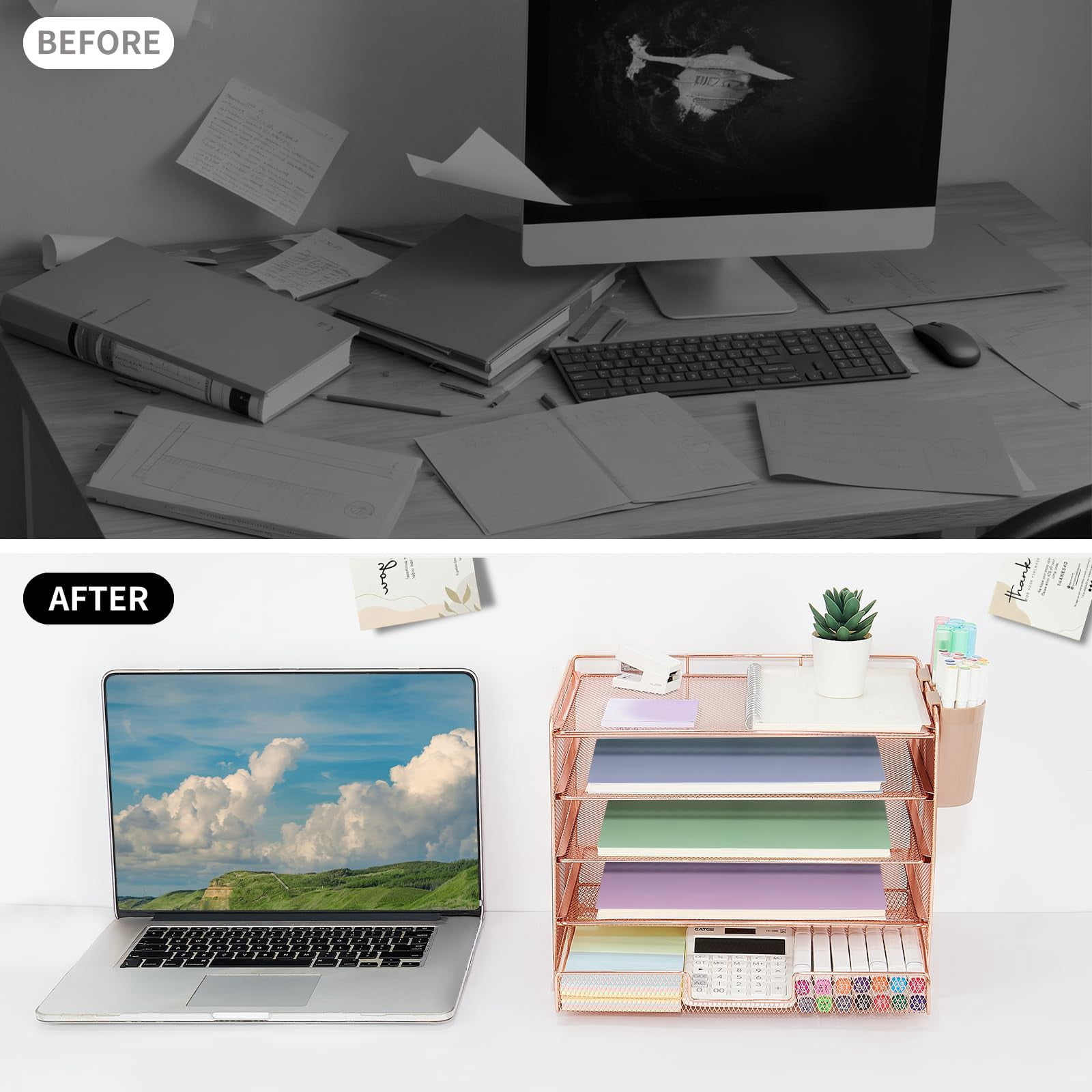 Desk Organizer And Accessories  5-tier Paper Letter Tray With Drawer & 2 Pen Holders For Desktop File Organization Office Supplies Storage (rose Gold)