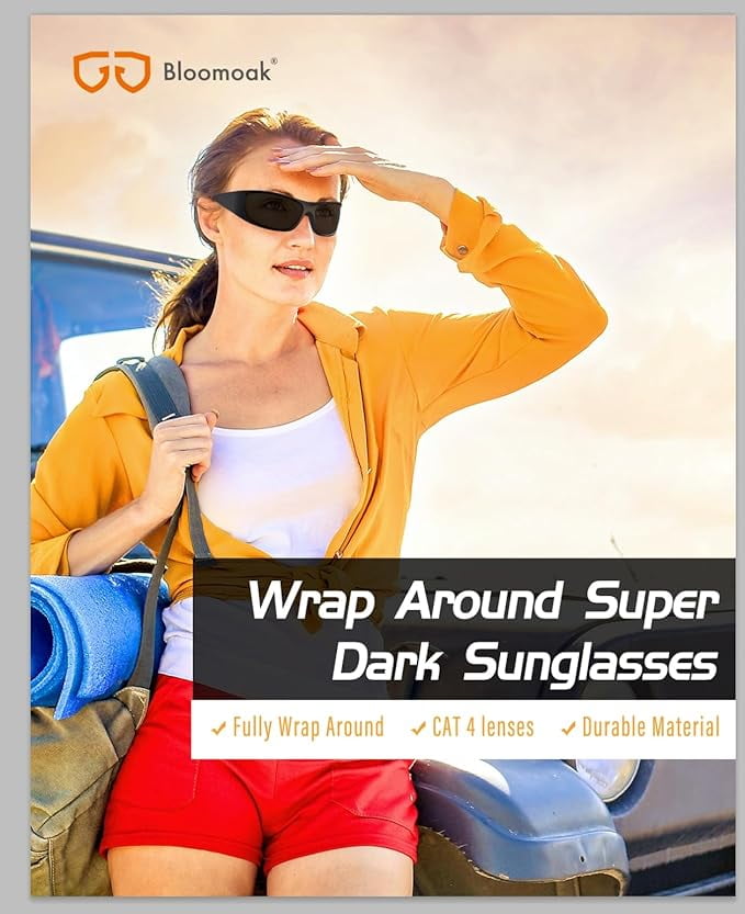 Bloomoak Polarized Sunglasses for Sensitive Eyes, Wrap Around, Super Black CAT 4