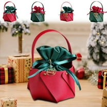 KOYPTL Christmas Gift Storage Basket with Handles-4 inch,Christmas Souvenir Leather Gift Box Storage Bucket with Elk Pendant,Reusable Column Woven Containers for Candy Snacks Fruits Sundries