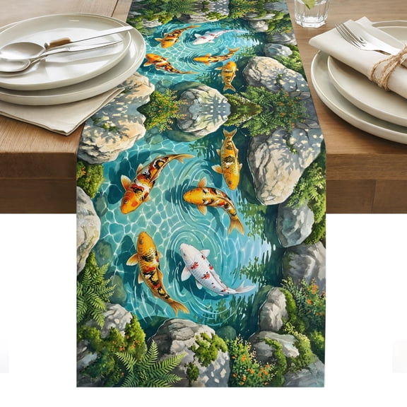 Golden White Fish Table Runner Summer Pond Botanical Lucky Tablerunners 13 x 36 Inch, Table Decorations Tabletop Scarf for Summer Gathering Holiday Farmhouse Kitchen Dining Decor