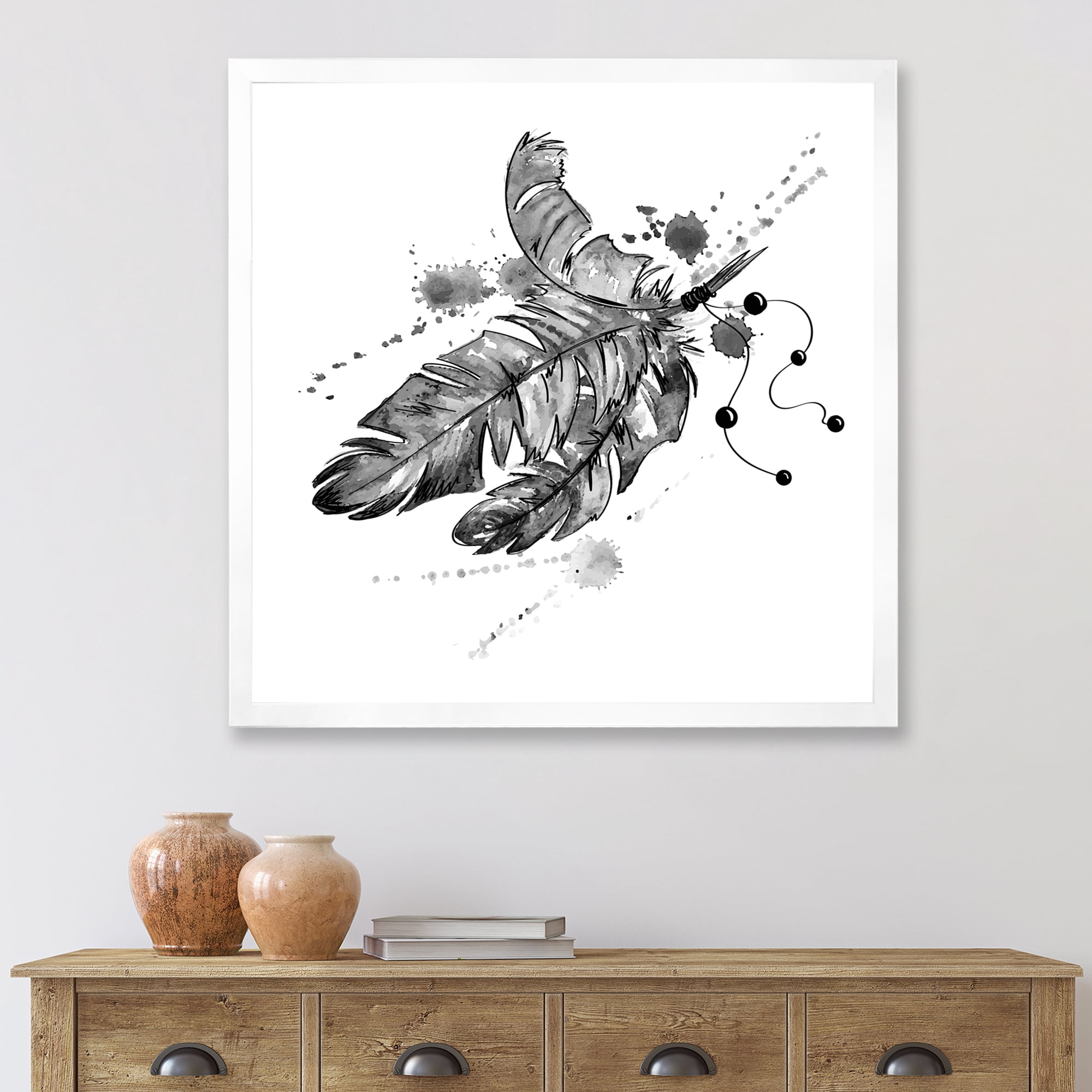 Designart 'Black and White Feathers Impression' Traditional Framed Art Print
