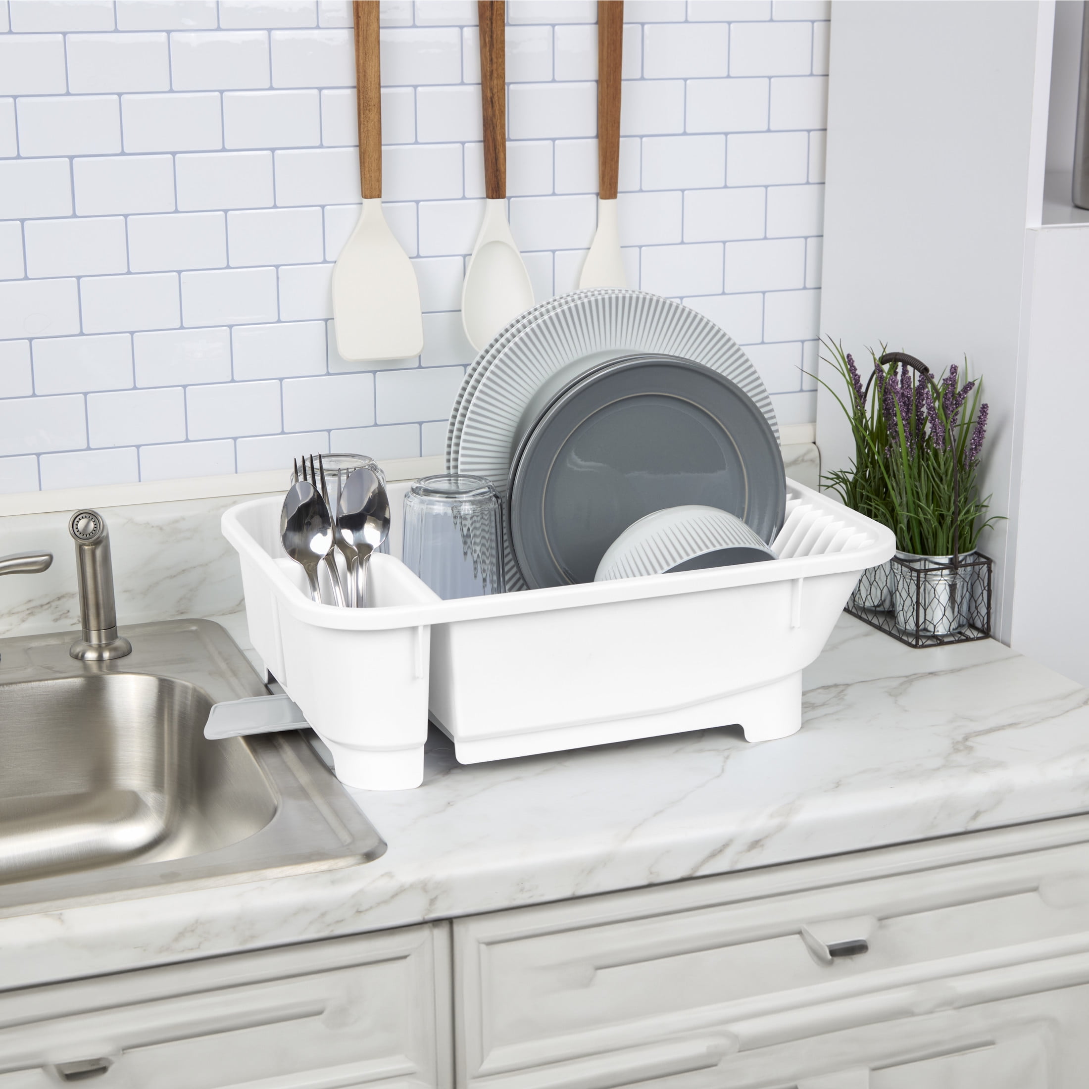 (5 pack) Mainstays Kitchen Sink Organizer Set with Self-Draining Caddy, Soap Dispenser, Sponge Holder and Retractable Spout for Sink Storage, White