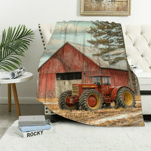 Autua Vintage Farmhouse Flannel Blanket, Rustic Country Scenery with Tractor and Barn Soft Lightweight Throw Blankets Gifts for Adults， Perfect for Couch Bed Home Travel Decor 40x50in