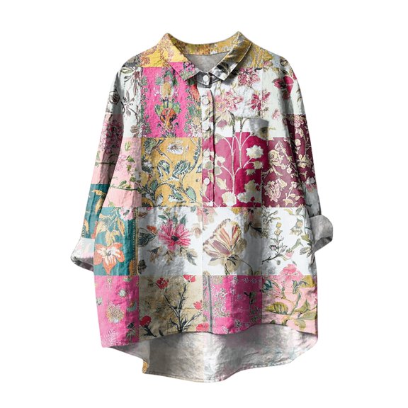 Womens Lapel Collar Button Shirt Casual Vintage Boho Retro Floral Print Tunic Blouses Tops Long Sleeve Loose Fit Pullover