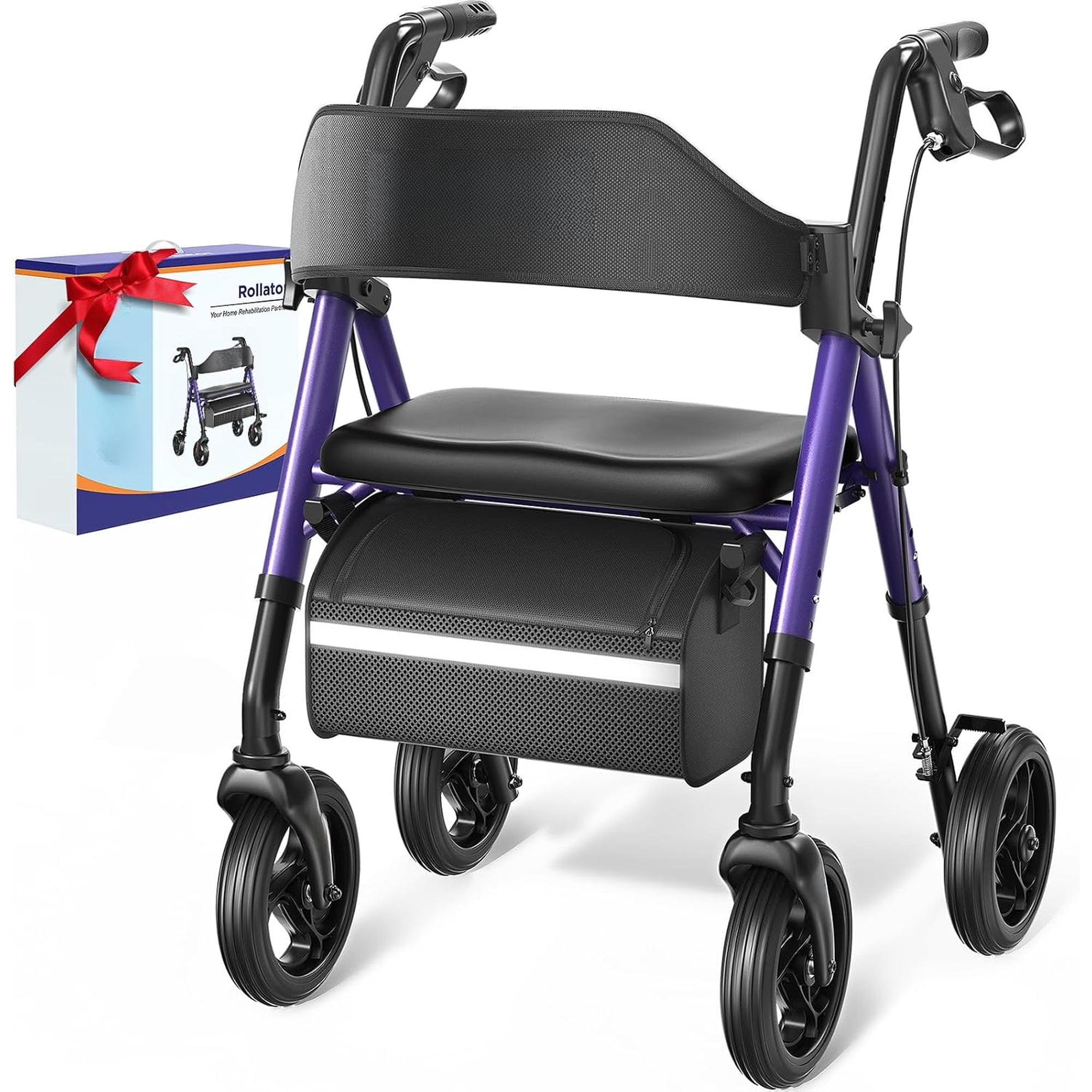 Rollator Walker for Seniors with Seat, 8" All Terrain, 350 LBS,Lightweight Foldable & Dual Height Adjustable for Seniors, Ergonomic Arc Seat&6" Ultra Backrest Provide Comfort, Purple