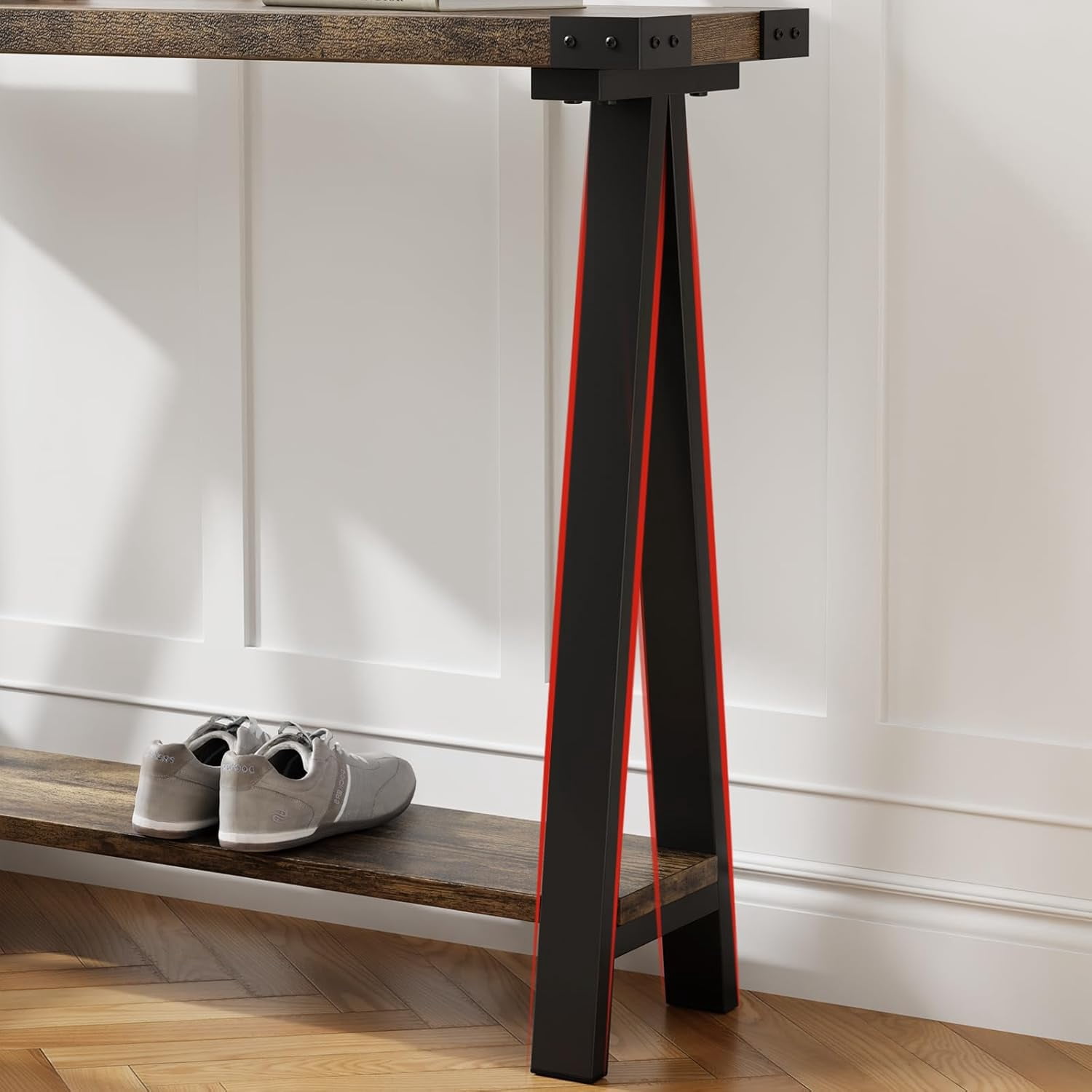 Farmhouse Narrow Entryway Table, 43.3" Console Table with Storage, 2 Tier Sofa Table with Metal Frame and MDF, Narrow Console Table for Living Room, Hallway, Entryway-Rustic Brown
