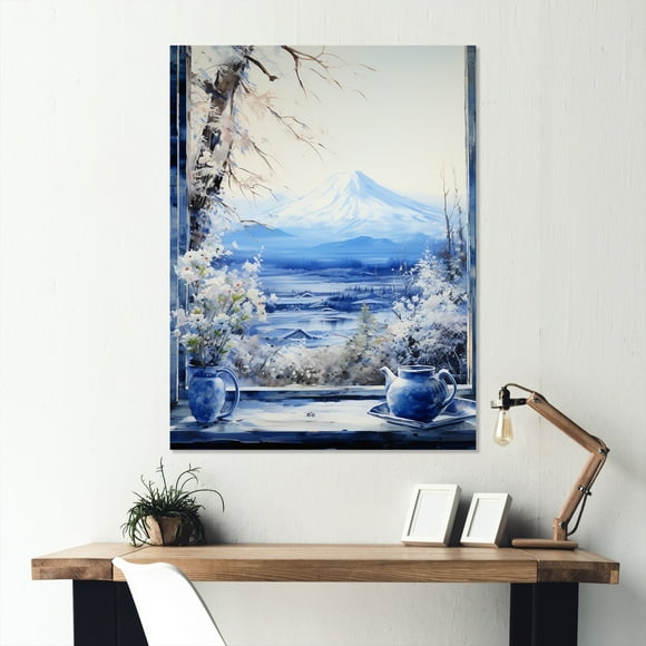 Designart "Mountain View of Mount Fuji in Japan Window V" Japan Metal Wall Art, White Metal Wall Decor, Traditional Metal Art Decor For Living Room - 12x20 Inch