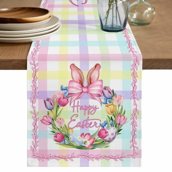 Table Runner 36 Inches Long for Kitchen Dining, Happy Easter Dresser Scarf Farmhouse, Dining Table Decorations for Wedding/Parties, Rabbits Bows Tulips Eggs Colorful Stripes 13 x 36 In