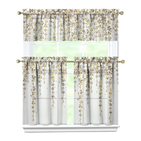 3-Piece Bright Flowers Kitchen Curtain Set - Ruffled Valance and Tier Curtains with Rod Pocket, Fresh Floral Pattern for Farmhouse Kitchen Windows Decor, 54"x18"   27.5"x36"x2