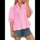 thumbnail image 2 of Blusa con Cuello en V y Mangas Abullonadas para Mujer, Estilo Babydoll, Peplum, Elegante, Informal, Plisada, Holgada. Rosa M, 2 of 6